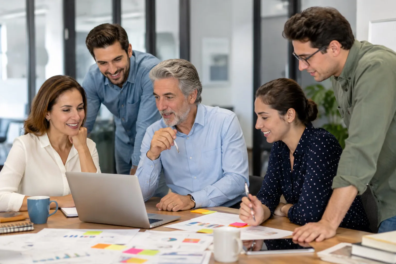 Equipo intergeneracional trabajando junto a un computador